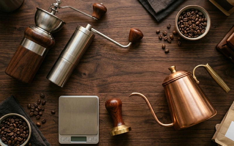 Acessórios para café especial: moedor manual, balança de precisão e chaleira bico de ganso sobre bancada de madeira escura