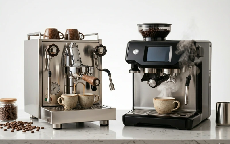 Duas máquinas de café expresso lado a lado para comparação — De'Longhi vs Philips Walita, Gaggia vs Breville, comparativos honestos