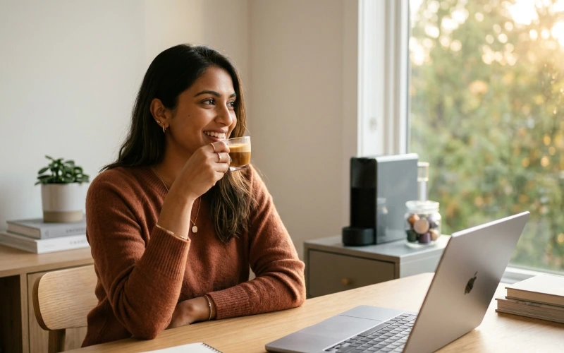 Pessoa em home office tomando café expresso ao lado do notebook — guia para escolher a melhor cafeteira para home office e escritório