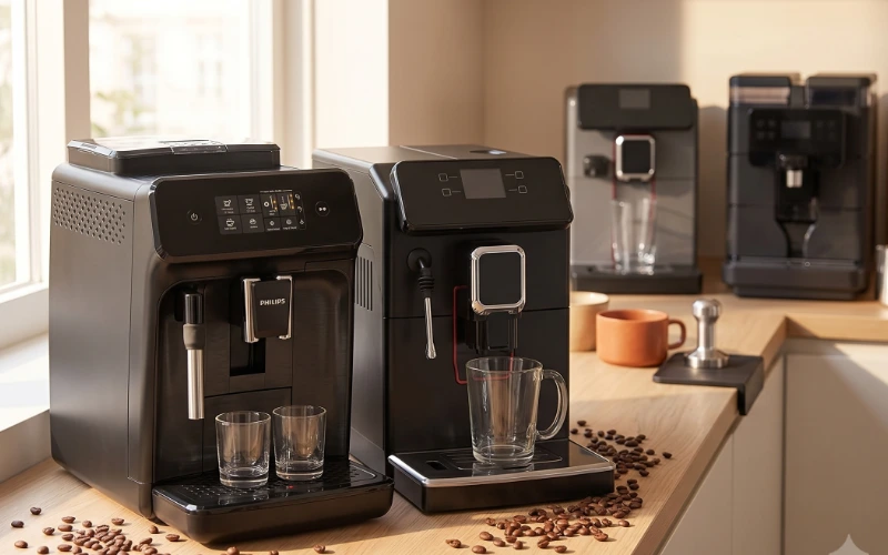 Cafeteira superautomática com moedor integrado sobre bancada de cozinha moderna — reviews e guias de compra de máquinas de café expresso