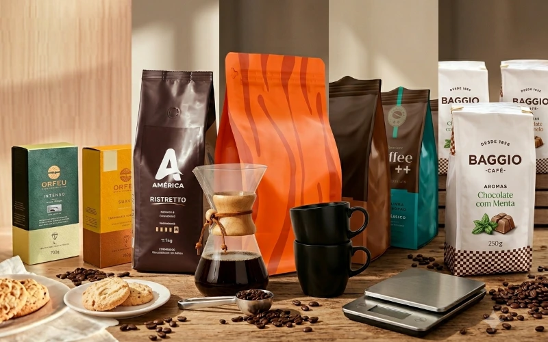 Embalagens de café especial em grãos e cápsulas com grãos torrados espalhados — melhores ofertas de café na Amazon Brasil e Mercado Livre