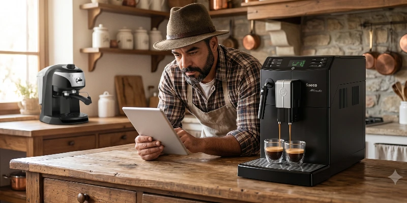 Pessoa consultando tablet ao lado de máquina de café — dúvidas frequentes sobre cafeteiras expresso respondidas pelo Achei Café