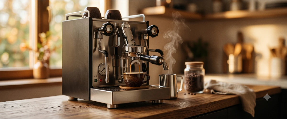 Máquina de café expresso profissional com xícara de espresso recém-preparada — Achei Café, reviews de máquinas de café do Sul de Minas Gerais