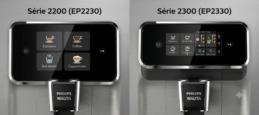 Comparativo painel Philips Walita EP2230 botões físicos versus EP2330 touch screen — diferenças visuais entre Série 2200 e 2300