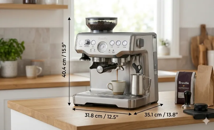 Dimensões da Breville Barista Express BES870: 318mm de largura, 404mm de altura e 351mm de profundidade — veja se cabe no seu espaço