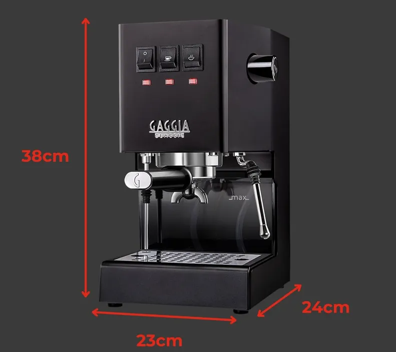Dimensões da Gaggia Classic E24: 380mm de largura, 240mm de altura e 230mm de profundidade — veja se cabe no seu espaço