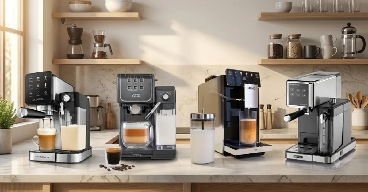 4 melhores cafeteiras expresso até 2000 reais: Oster PrimaLatte Touch, Ariete Ametista, Mondial Dolce Latte e Philco PCF03A lado a lado